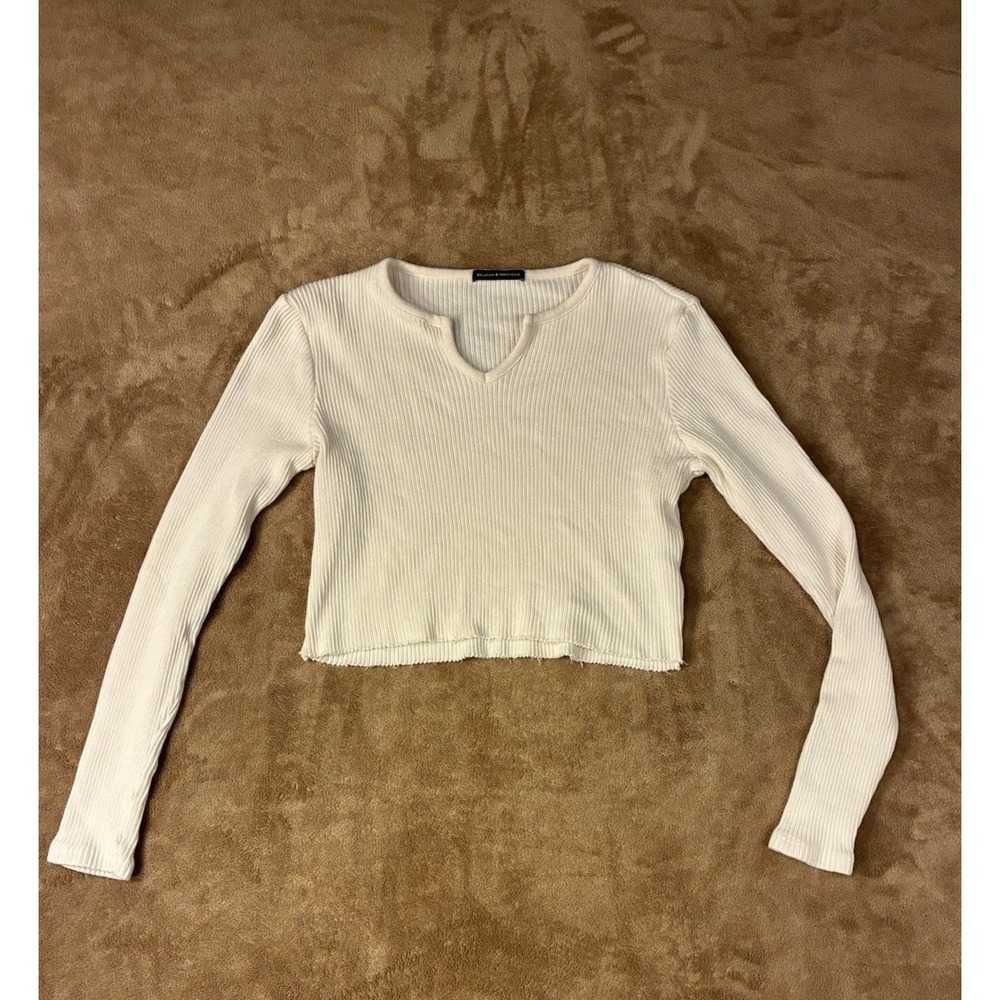 Brandy Melville Womens Cream Ribbed Long Sleeve Crop One-size V-Neck‎ Top Italy